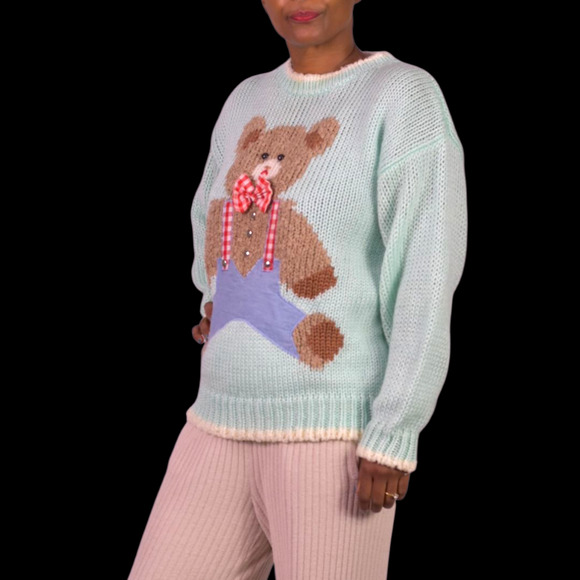Vintage Far Near Teddy Bear 3D Sweater Green Pastel Textured Camp Novelty Large - Picture 6 of 16